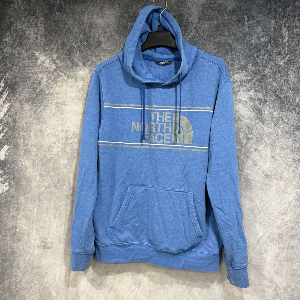The North Face Men's Light Blue Drawstring Pullover Hoodie Chest Logo L Washwear